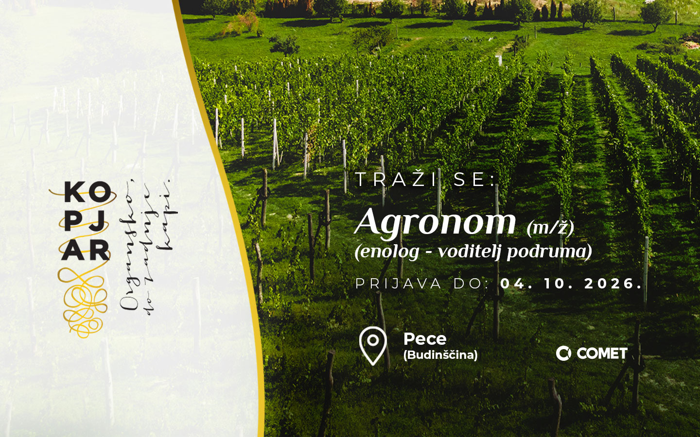 Vinarija Kopjar zapošljava: Agronom (enolog – voditelj podruma) (m/ž)